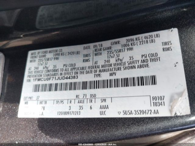 2018 FORD ESCAPE 1FMCU0F71JUD44383 Photo 8