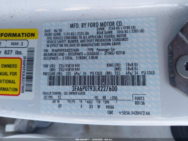 2020 FORD FUSION 3FA6P0T93LR227600 Photo 8