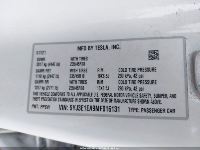 2021 TESLA MODEL 3 5YJ3E1EA9MF016131 Photo 8