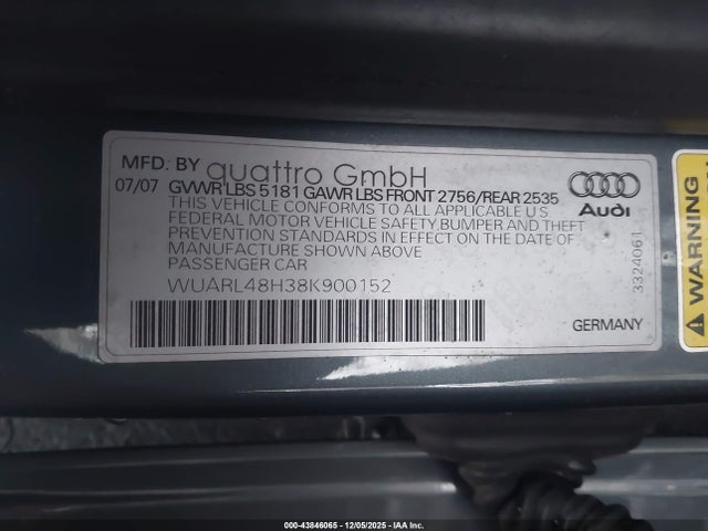 2008 AUDI S4 WUARL48H38K900152 Photo 8
