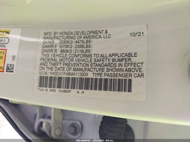 2021 HONDA ACCORD 1HGCV1F49MA113509 Photo 8