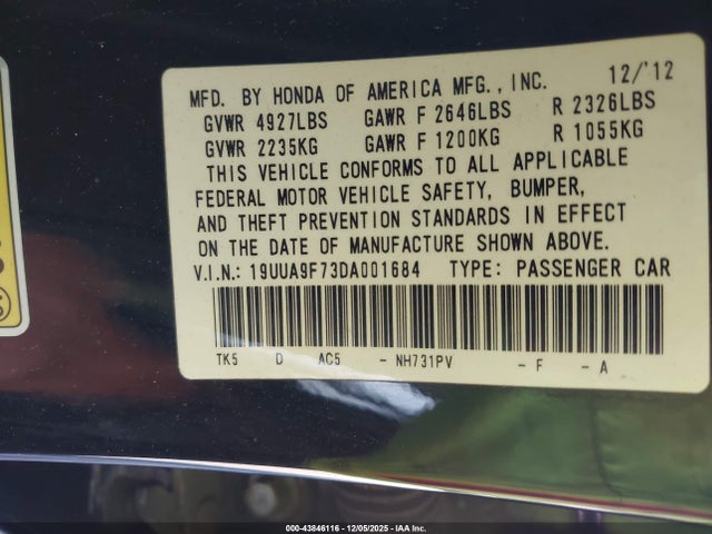 43846116 :رقم المزاد ، 19UUA9F73DA001684 vin ، 2013 Acura Tl 3.7 مزاد بيع