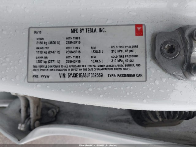 Продаж на аукціоні авто 2018 Tesla Model 3 Long Range/mid Range, vin: 5YJ3E1EA8JF032669, номер лоту: 43846443