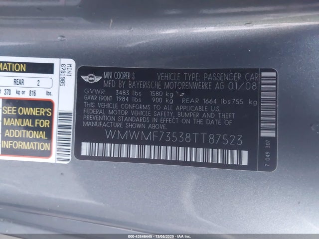2008 MINI COOPER S WMWMF73538TT87523 Photo 8