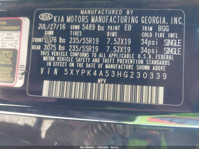 5XYPK4A53HG230339 KIA Sorento 3.3l Sx