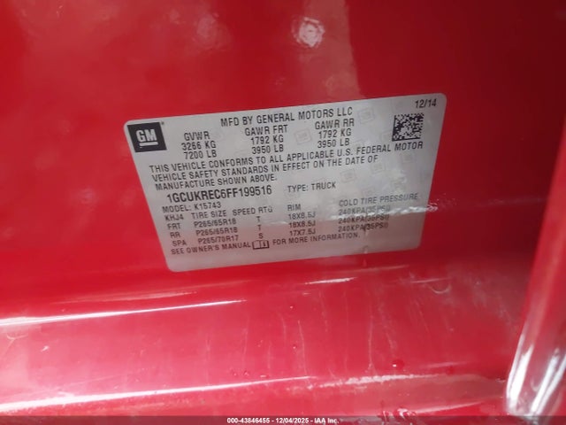 Продаж на аукціоні авто 2015 Chevrolet Silverado 1500 2lt, vin: 1GCUKREC6FF199516, номер лоту: 43846455
