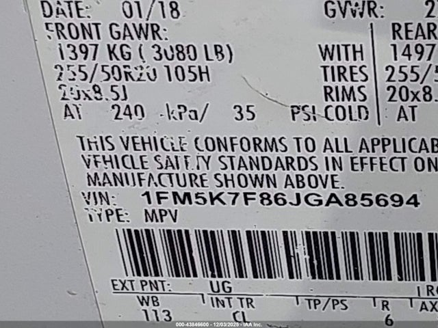 1FM5K7F86JGA85694 Ford Explorer Limited