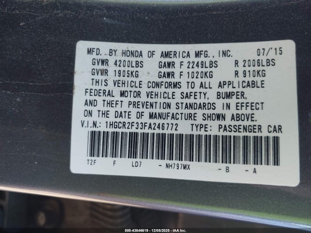 Honda ACCORD LX 2015 1HGCR2F33FA246772 Image 9