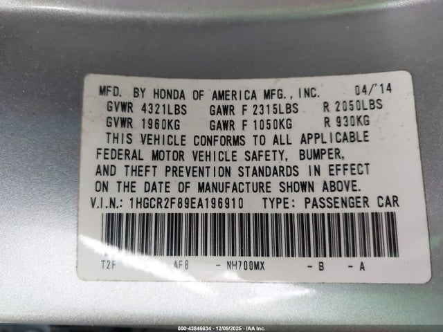 Aukcja sprzedaży 2014 Honda Accord Ex-l, vin: 1HGCR2F89EA196910, numer aukcji: 43846634