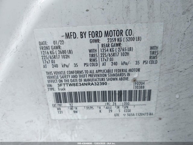 3FTTW8E34NRA32390 Ford Maverick Xl