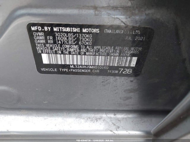 2021 Mitsubishi Mirage Carbonite Edition/es/le მანქანა იყიდება აუქციონზე, vin: ML32AUHJ9MH010160, აუქციონის ნომერი: 43846736