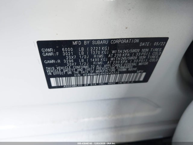 Subaru Ascent Limited 2022 4S4WMAPD4N3443220 Image 9
