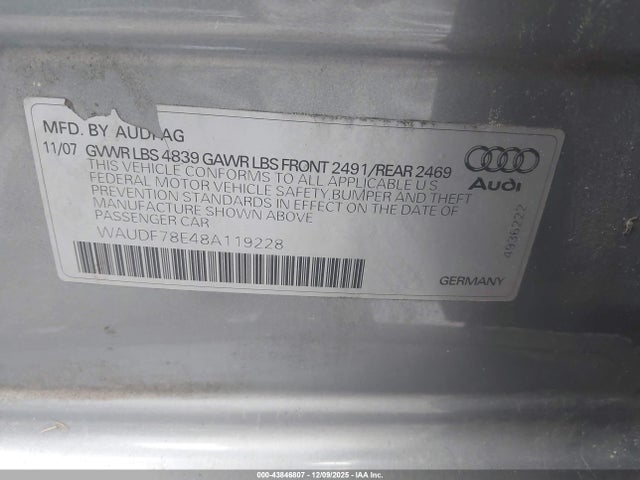 43846807 :رقم المزاد ، WAUDF78E48A119228 vin ، 2008 Audi A4 2.0t مزاد بيع