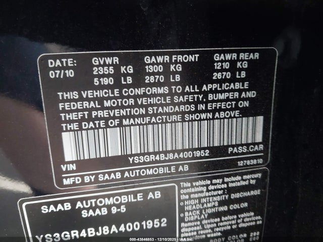 2010 SAAB 9-5 YS3GR4BJ8A4001952 Photo 8