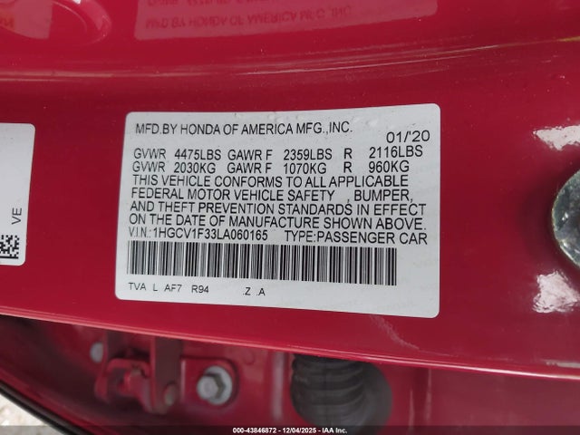 Продаж на аукціоні авто 2020 Honda Accord Sport, vin: 1HGCV1F33LA060165, номер лоту: 43846872