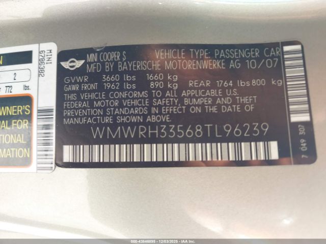 2008 MINI COOPER S WMWRH33568TL96239 Photo 8