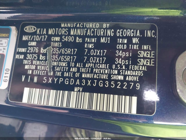 KIA Sorento 2.4l Lx 2018 5XYPGDA3XJG352279 Image 9