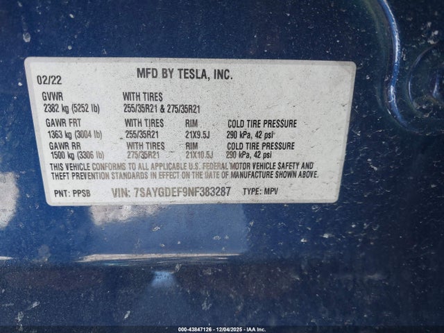 Продажа на аукционе авто 2022 Tesla Model Y Performance Dual Motor All-wheel Drive, vin: 7SAYGDEF9NF383287, номер лота: 43847126