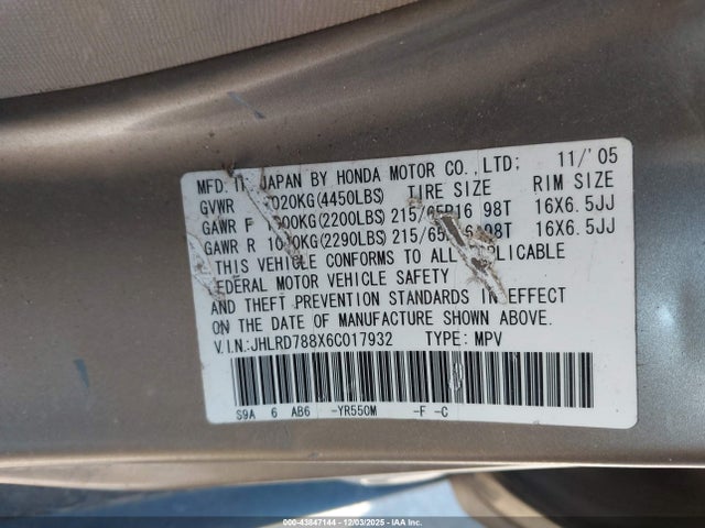 2006 HONDA CR-V JHLRD788X6C017932 Photo 8