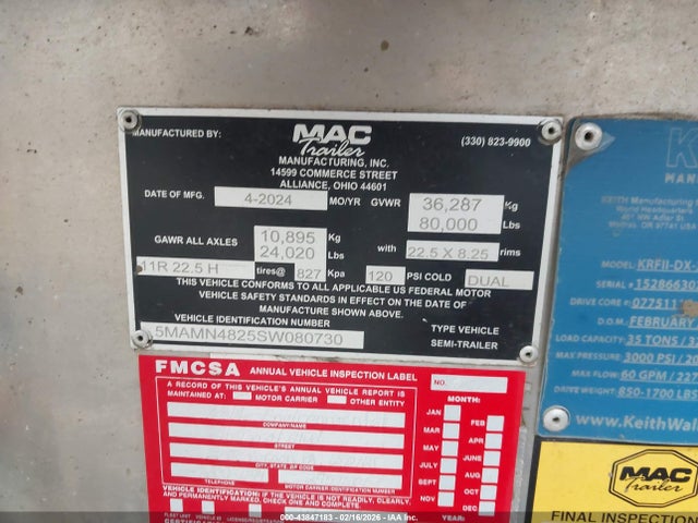 Продаж на аукціоні авто 2025 Mac Trailer Mfg Mac Trailer Mfg, vin: 5MAMN4825SW080730, номер лоту: 43847183
