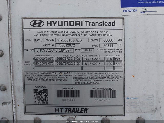 Aukcja sprzedaży 2018 Hyundai Translead Inc 53' Semi Trailer, vin: 3H3V532C4JR391027, numer aukcji: 43847190