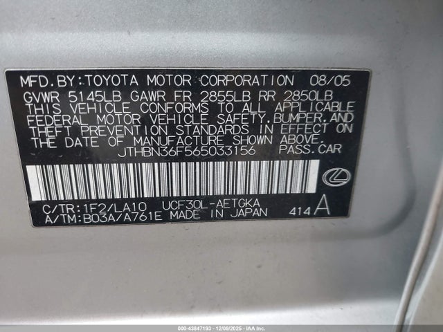 Aukcja sprzedaży 2006 Lexus Ls 430, vin: JTHBN36F565033156, numer aukcji: 43847193