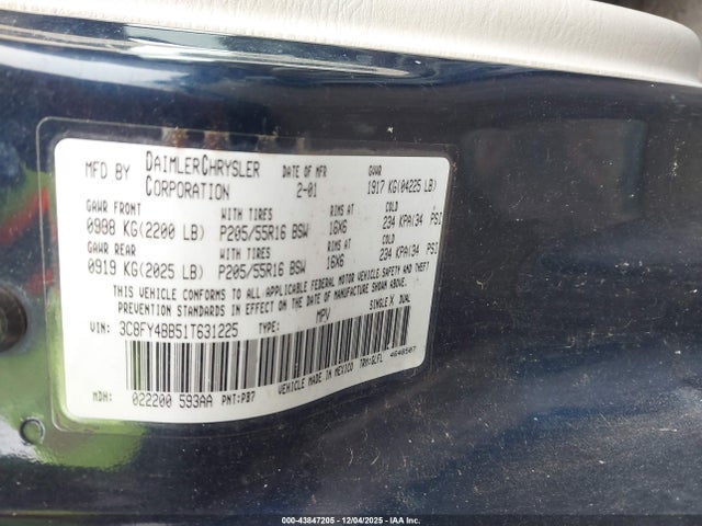 2001 Chrysler Pt Cruiser მანქანა იყიდება აუქციონზე, vin: 3C8FY4BB51T631225, აუქციონის ნომერი: 43847205