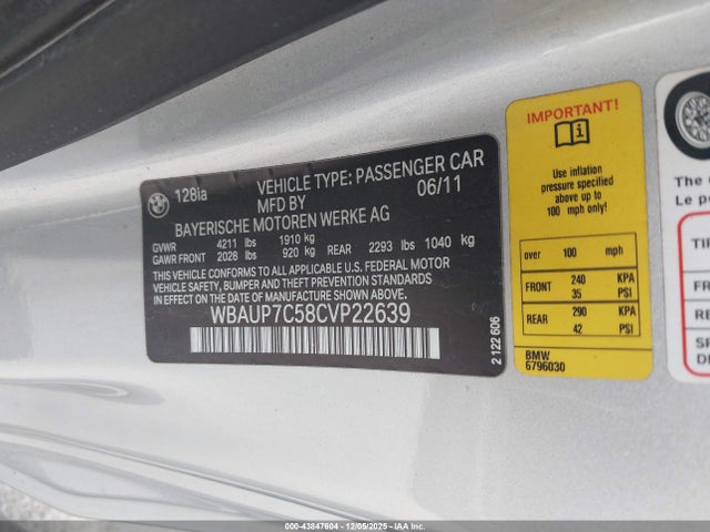 Aukcja sprzedaży 2012 Bmw 128i, vin: WBAUP7C58CVP22639, numer aukcji: 43847604