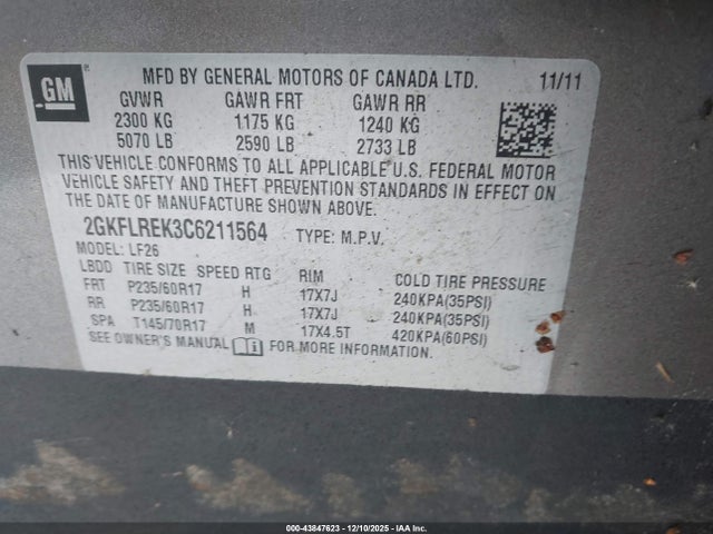 Auction sale of the 2012 Gmc Terrain Sle-1, vin: 2GKFLREK3C6211564, lot number: 43847623