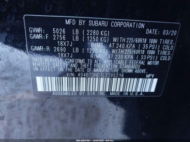 2020 SUBARU OUTBACK 4S4BTGND1L3205216 Photo 8