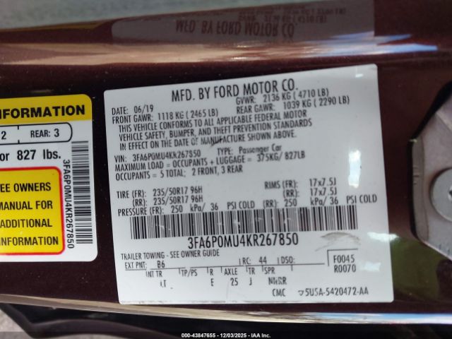2019 FORD FUSION HYBRID 3FA6P0MU4KR267850 Photo 8