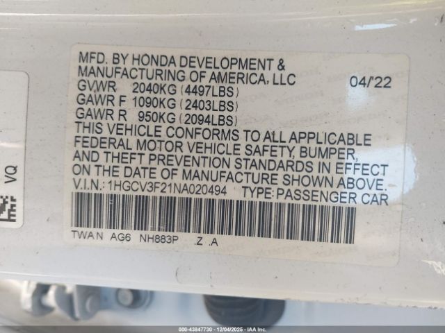 2022 HONDA ACCORD 1HGCV3F21NA020494 Photo 8