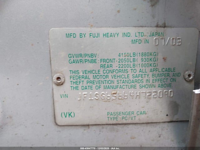 Продажа на аукционе авто 2004 Subaru Forester 2.5xs, vin: JF1SG65664H722090, номер лота: 43847770