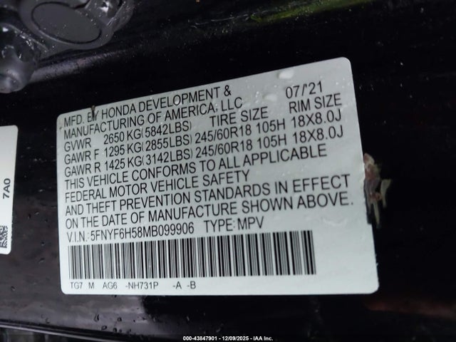 43847901 :رقم المزاد ، 5FNYF6H58MB099906 vin ، 2021 Honda Pilot Awd Ex-l مزاد بيع