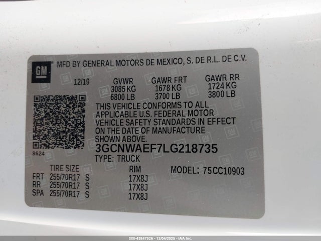 3GCNWAEF7LG218735 Chevrolet Silverado 1500 2wd Long Bed Wt
