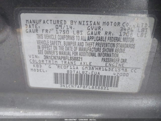 Aukcja sprzedaży 2015 Nissan Versa 1.6 S/1.6 S+/1.6 Sl/1.6 Sv, vin: 3N1CN7AP8FL858821, numer aukcji: 43847967