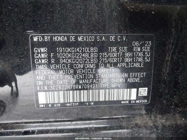 3CZRZ2H78RM709421 Honda Hr-v Awd Ex-l/awd Ex-l W/o Bsi