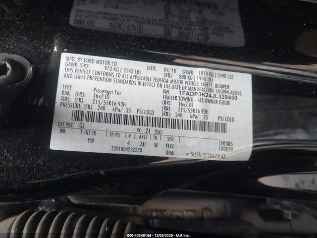 43848144 :رقم المزاد ، 1FADP3K24JL329450 vin ، 2018 Ford Focus Se مزاد بيع