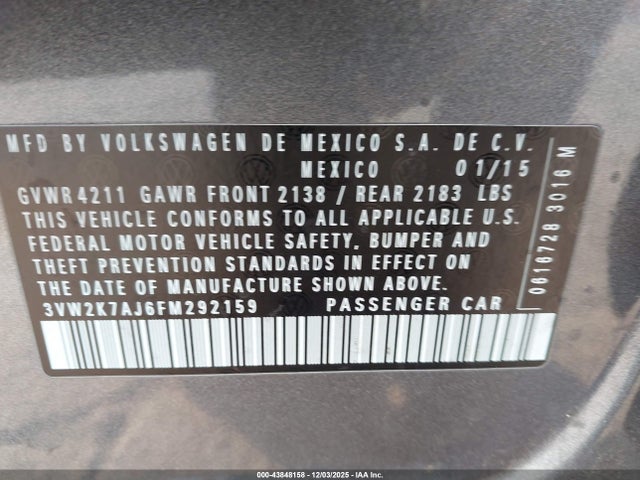 Volkswagen Jetta 2.0l S 2015 3VW2K7AJ6FM292159 Image 9