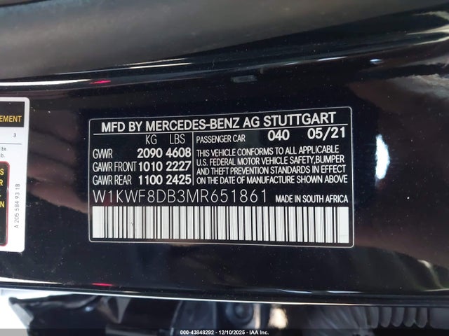 Auction sale of the 2021 Mercedes-benz C 300 Sedan, vin: W1KWF8DB3MR651861, lot number: 43848292