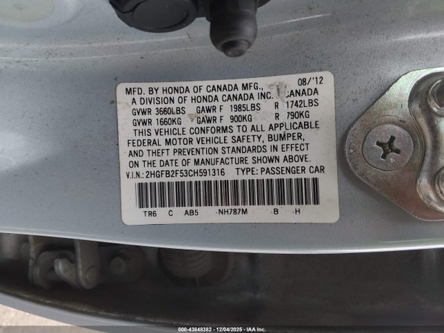 2012 HONDA CIVIC SDN 2HGFB2F53CH591316 Photo 8