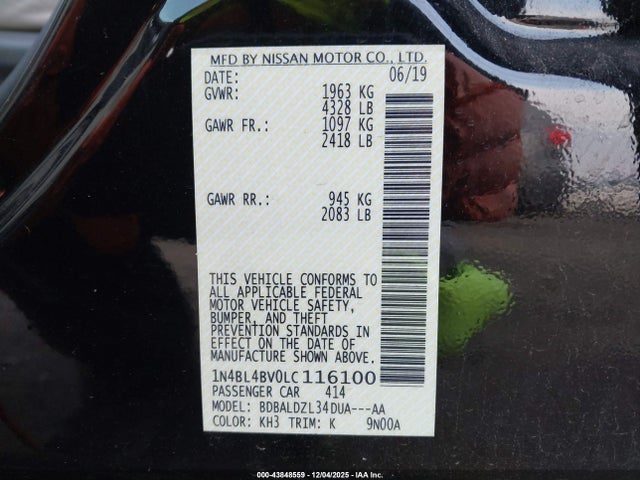 1N4BL4BV0LC116100 Nissan Altima S Fwd