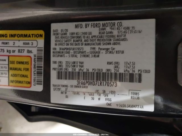 2020 FORD FUSION 3FA6P0HD7LR170573 Photo 8