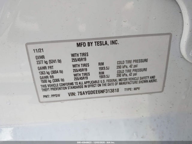43848623 :رقم المزاد ، 7SAYGDEE6NF313818 vin ، 2022 Tesla Model Y Long Range Dual Motor All-wheel Drive مزاد بيع