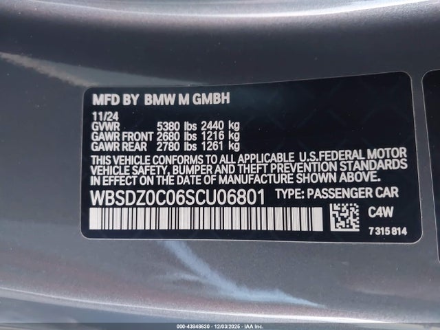 Aukcja sprzedaży 2025 Bmw M8 Competition, vin: WBSDZ0C06SCU06801, numer aukcji: 43848630