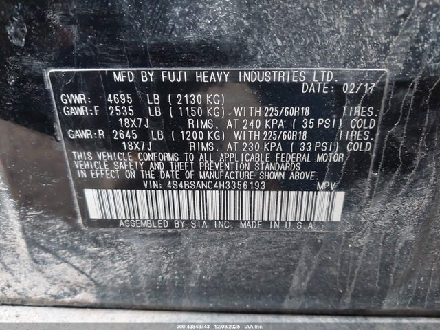 Subaru Outback 2.5i Limited 2017 4S4BSANC4H3356193 Image 9