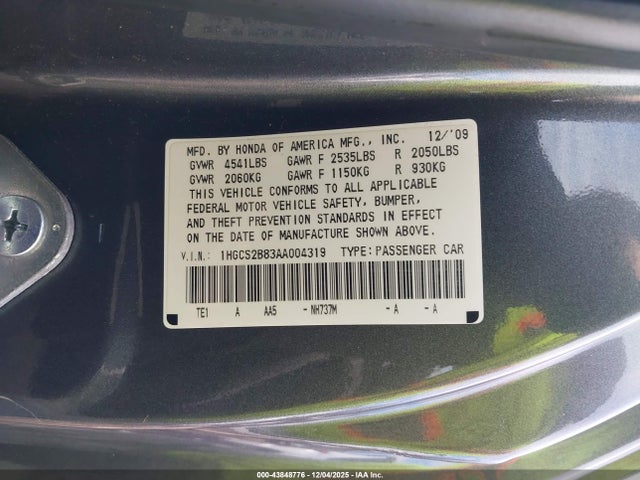 Aukcja sprzedaży 2010 Honda Accord 3.5 Ex-l, vin: 1HGCS2B83AA004319, numer aukcji: 43848776