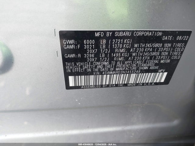 Aukcja sprzedaży 2022 Subaru Ascent Touring, vin: 4S4WMARD2N3455248, numer aukcji: 43848825