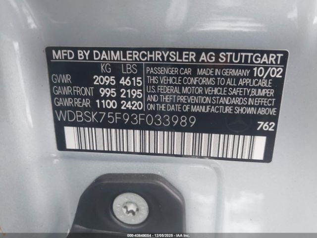 2003 MERCEDES-BENZ SL 500 WDBSK75F93F033989 Photo 8