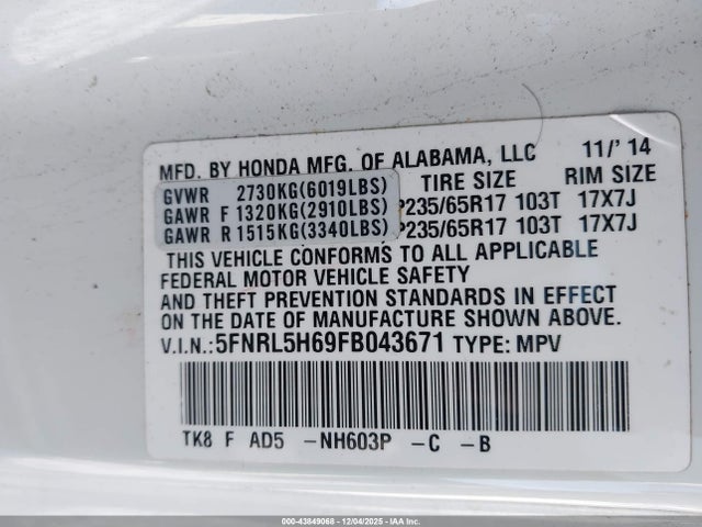 43849068 :رقم المزاد ، 5FNRL5H69FB043671 vin ، 2015 Honda Odyssey Ex-l مزاد بيع